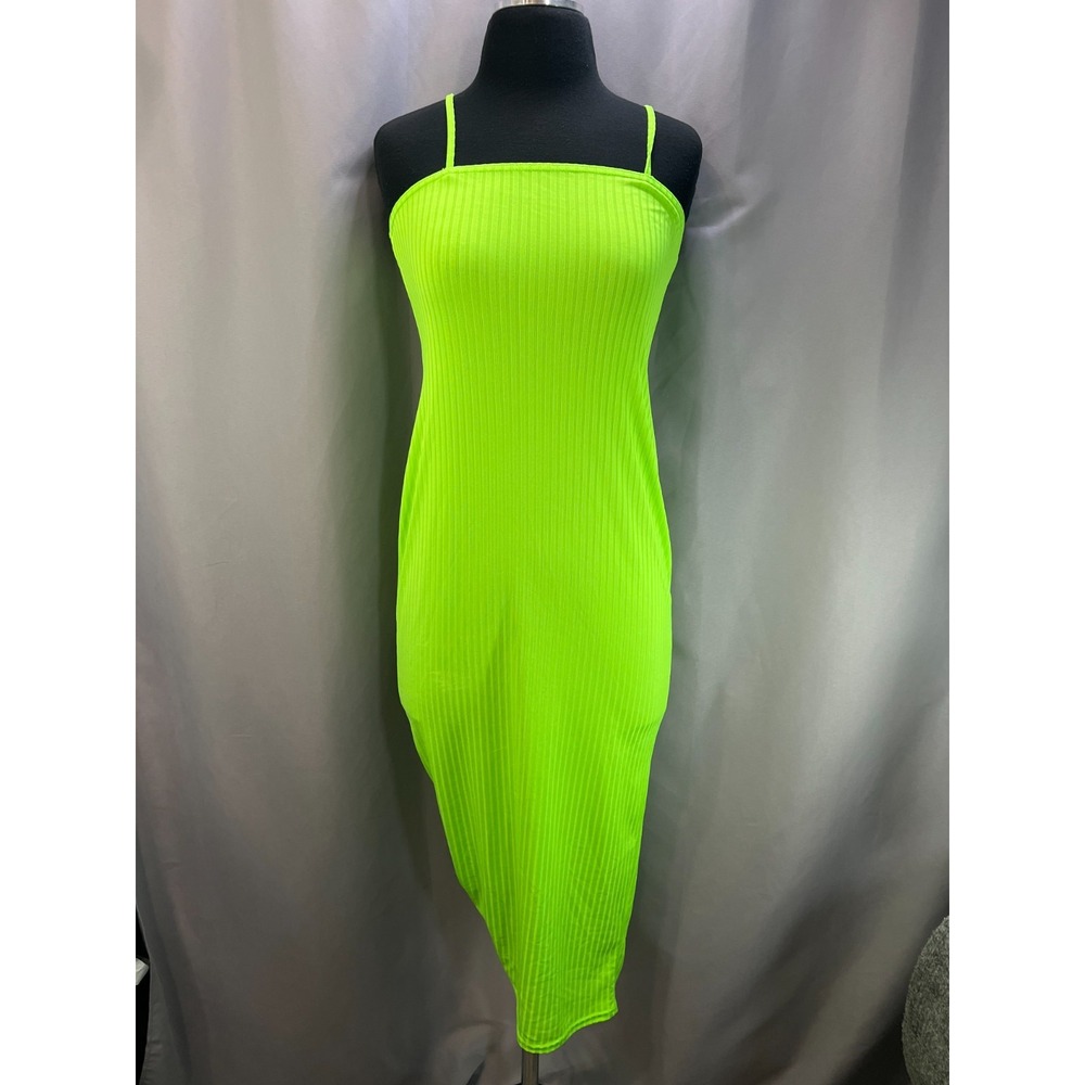 Boohoo Ribbed Bodycon Dress Womens 8 Neon Green Spaghetti Strap Party Cocktail